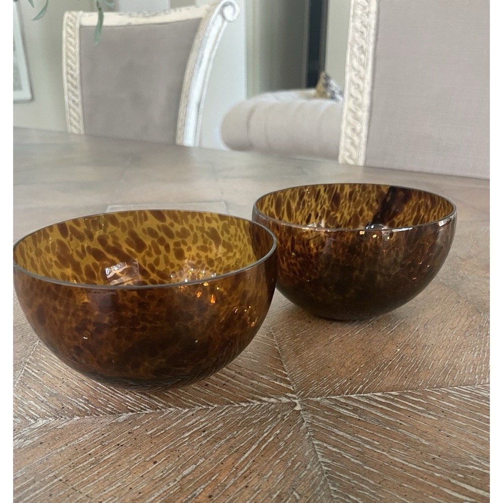 Vtg Pr Tortoise Shell Hand Blown Art Glass Bowls 2.5" x 4.25 D